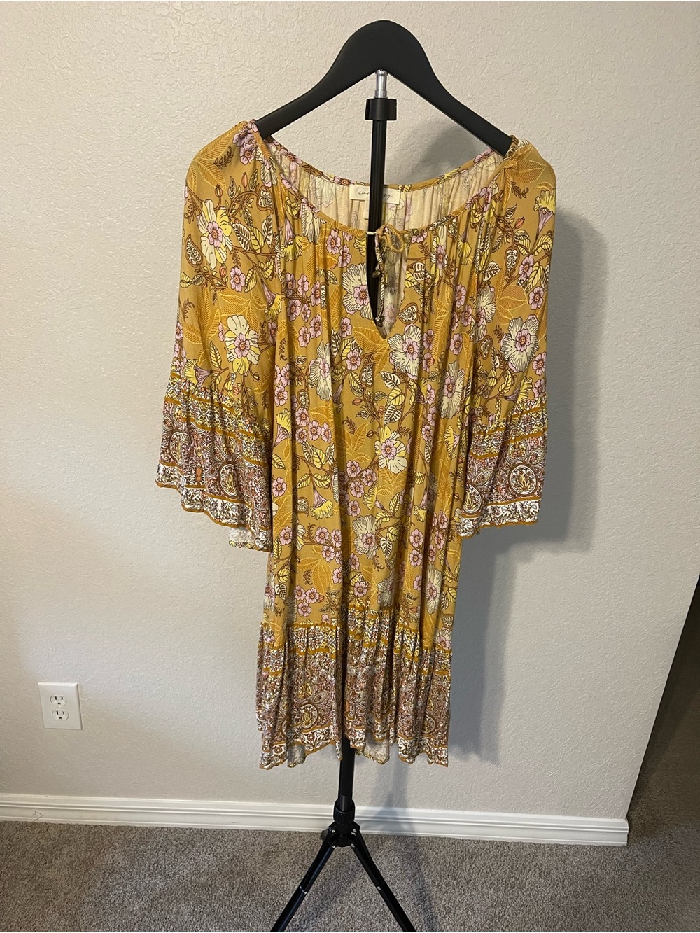 Mustard Yellow Floral Midi Dress with Tie Neck